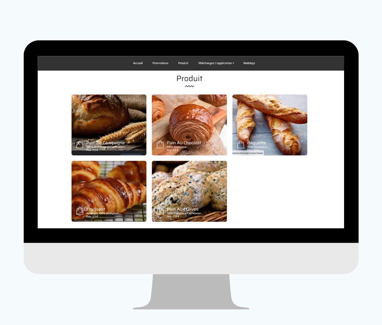 Interface de site internet pour une boulangerie