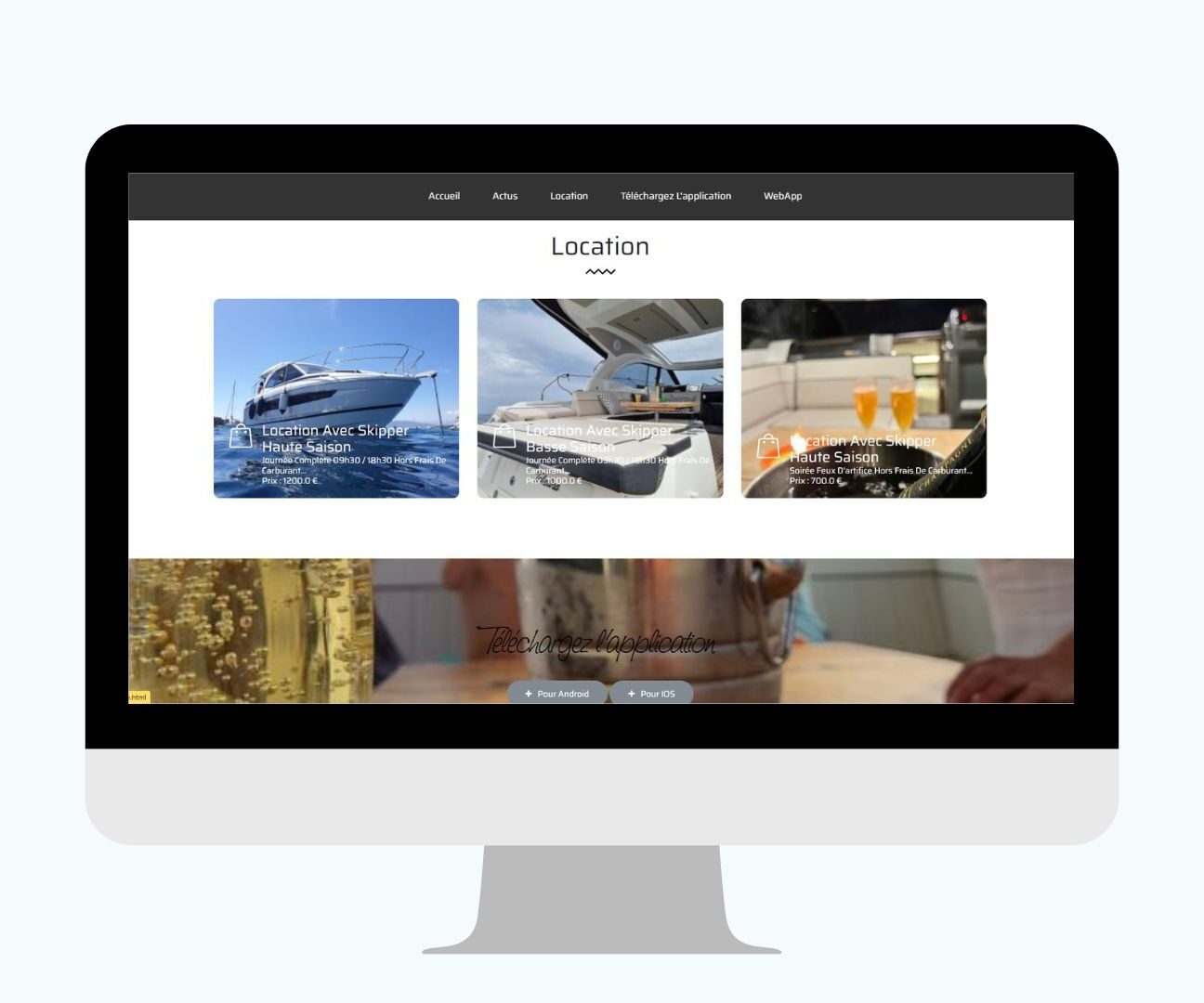 Interface de site internet pour une entreprise de location de bateau